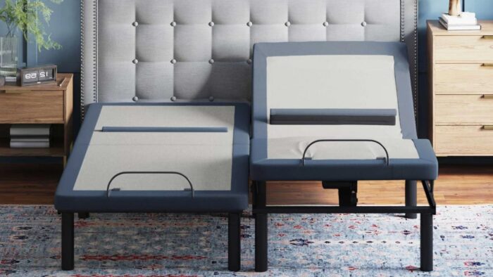 Modern adjustable bedroom with stylish bed bases and tufted headboard for comfort.