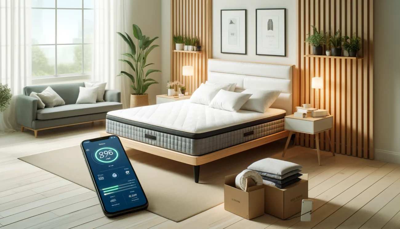 Modern bedroom featuring smart technology, plush bed, minimalist design, and cozy, tech-integrated ambiance.