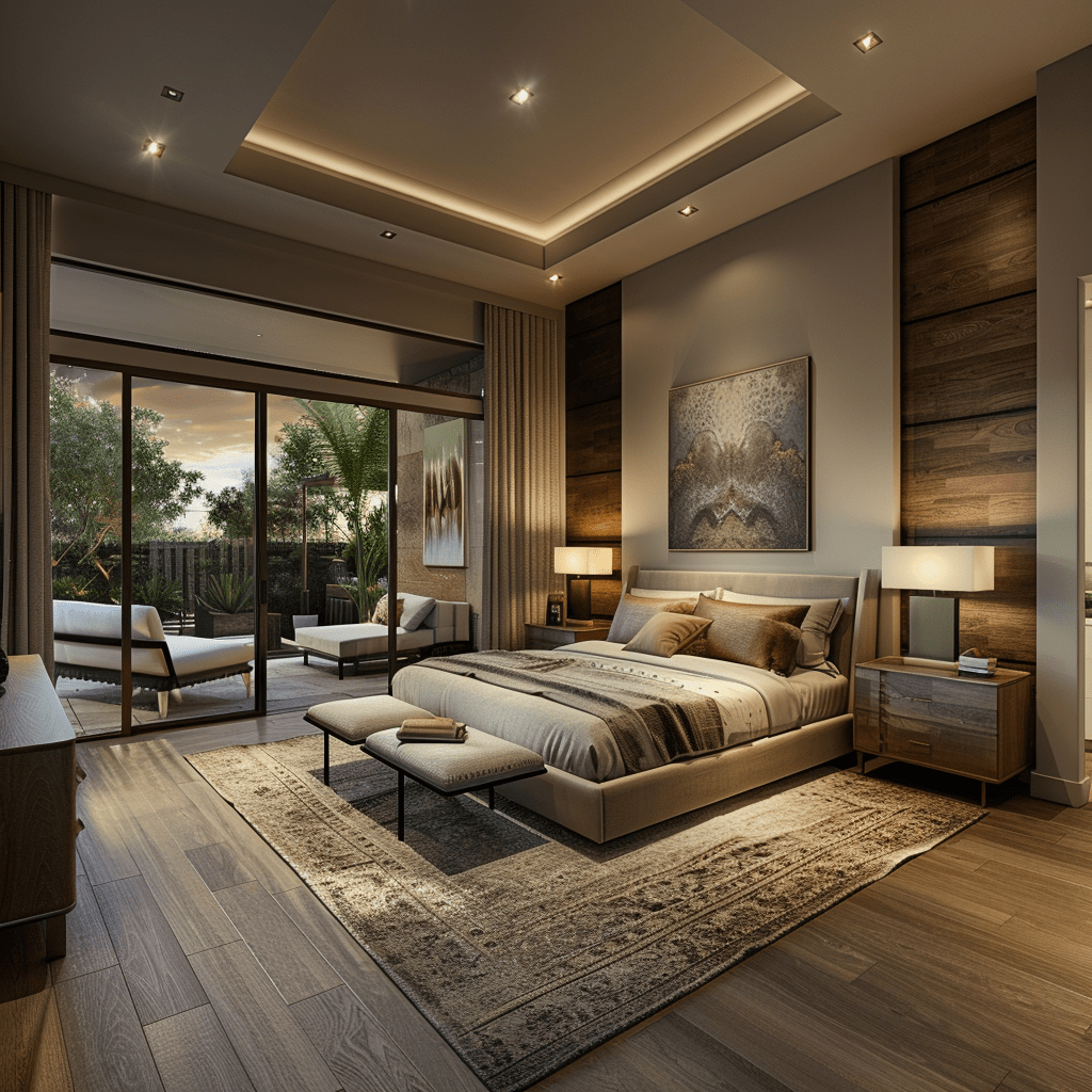 Modern serene bedroom with neutral tones, stylish furnishings, and scenic outdoor views.