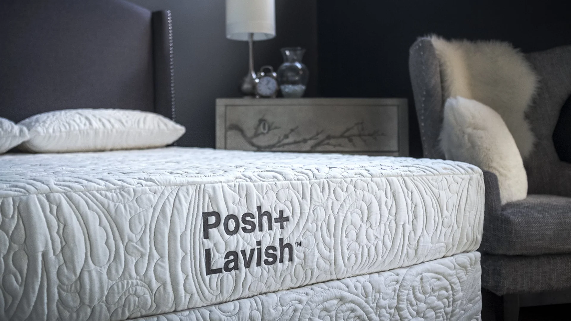 Elegant bedroom with plush Posh+Lavish mattress, stylish decor, and serene ambiance.