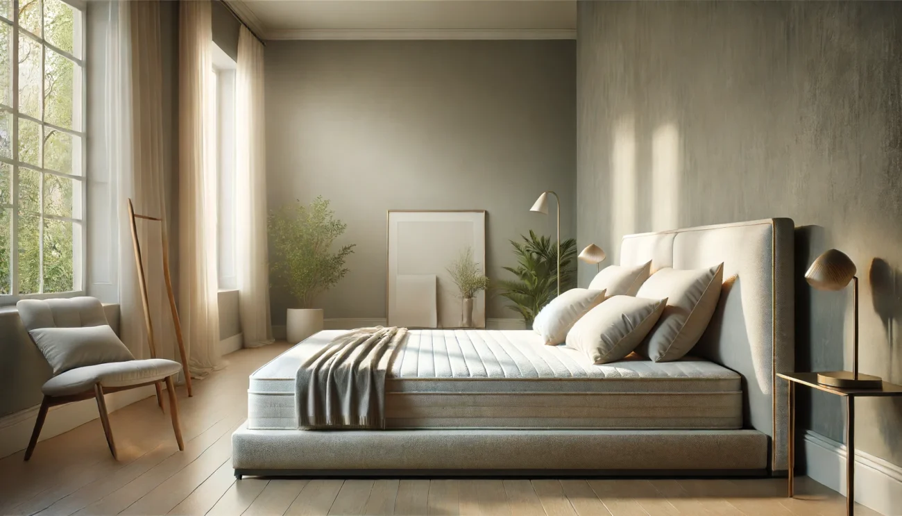 Modern bedroom with plush bed, reading nook, natural light, and green plants.