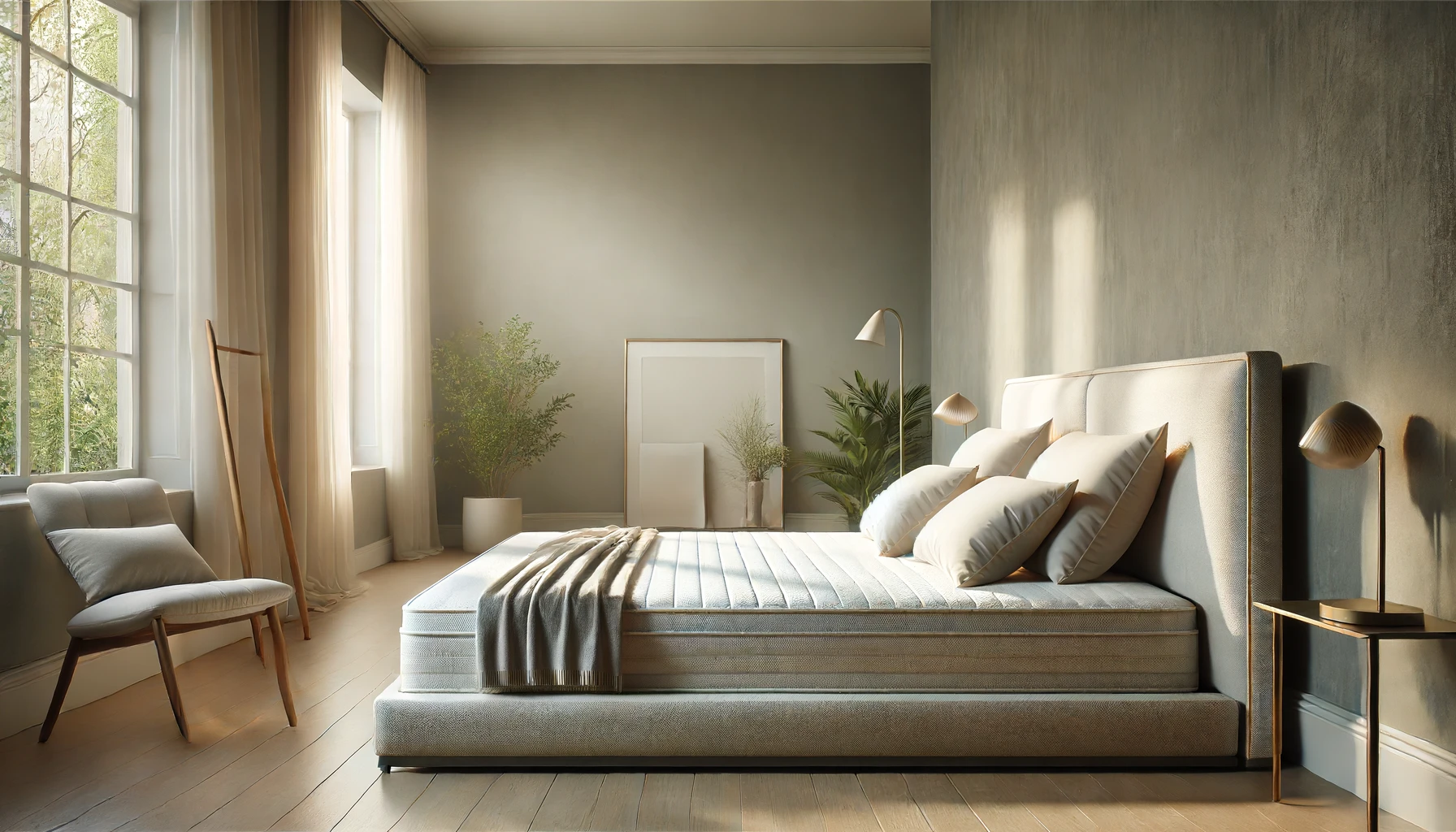 Modern bedroom with plush bed, reading nook, natural light, and green plants.