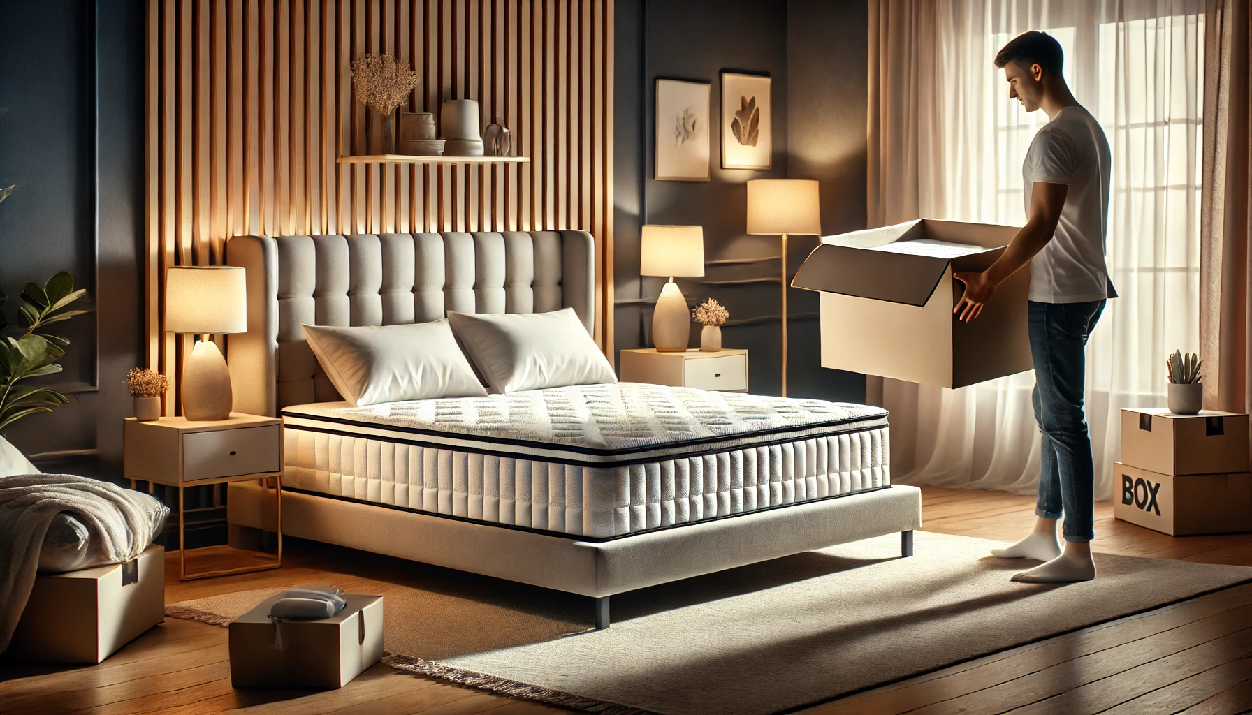 Cozy bedroom with dark walls and unpacking boxes, featuring a tufted headboard bed.
