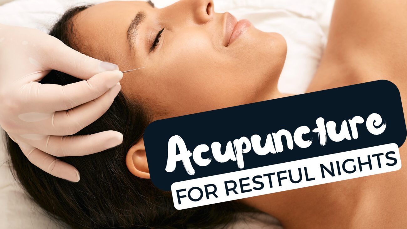 Woman receiving acupuncture for improved sleep and relaxation in a tranquil, softly-lit setting.