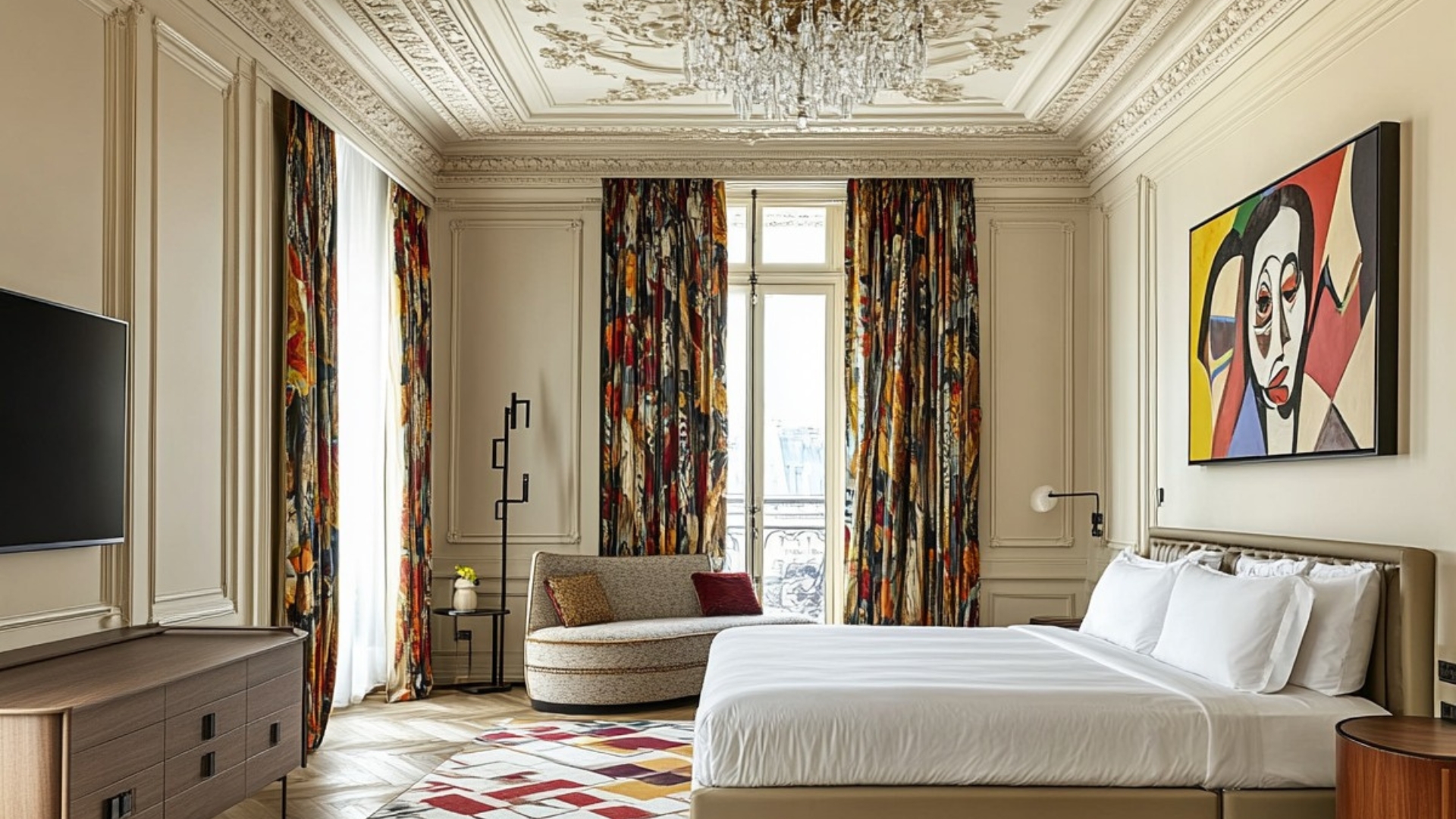 Luxurious hotel room with king bed, chandelier, elegant decor, modern art, and vibrant curtains.