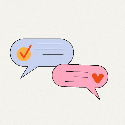 Colorful speech bubbles with check mark and heart icons indicate approval and affection.