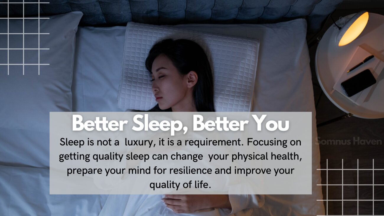 Woman sleeping peacefully in a tranquil, modern bedroom: Better Sleep, Better You mantra.