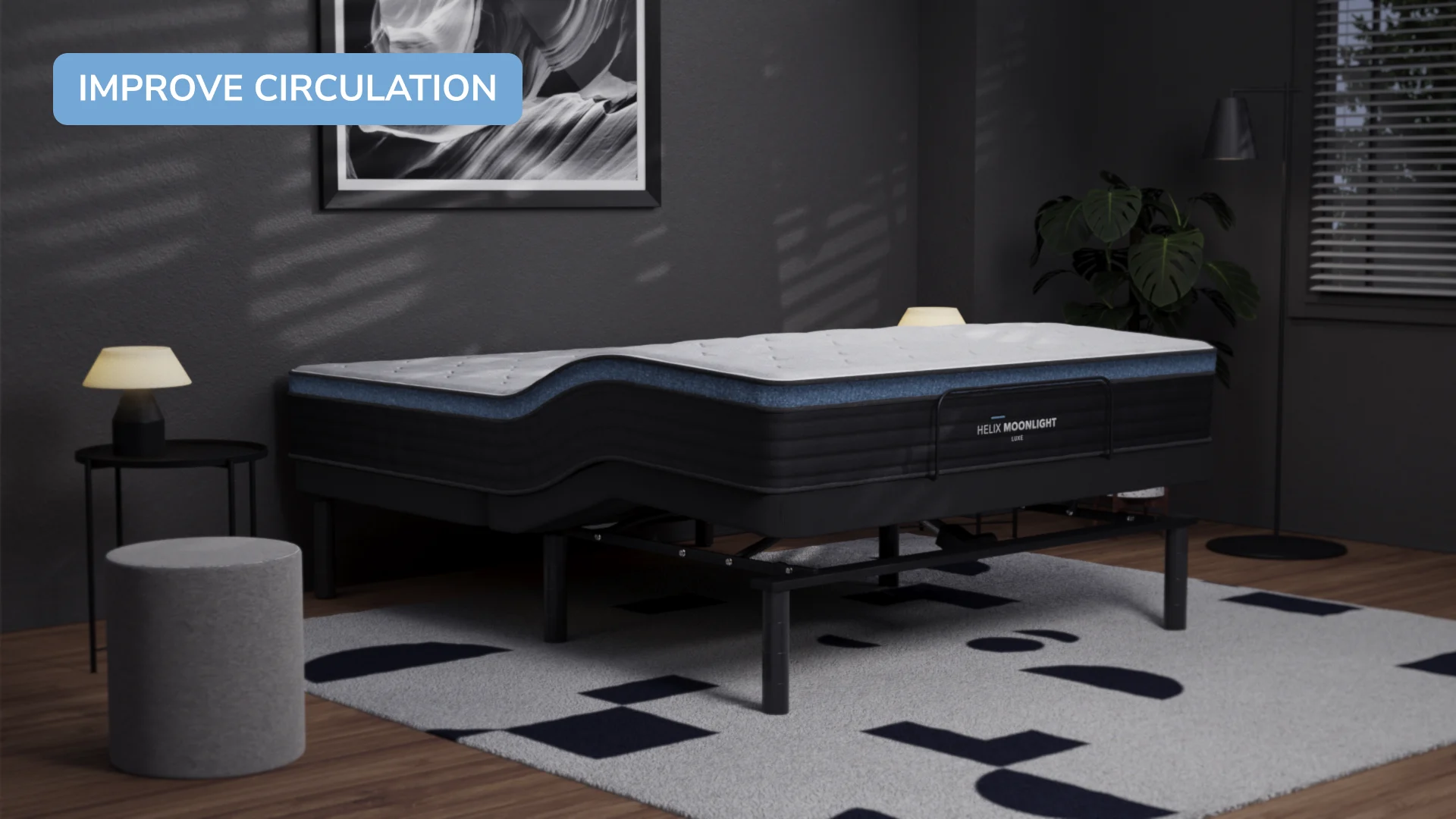 Sleek adjustable bed in modern bedroom with cozy lighting and stylish decor.