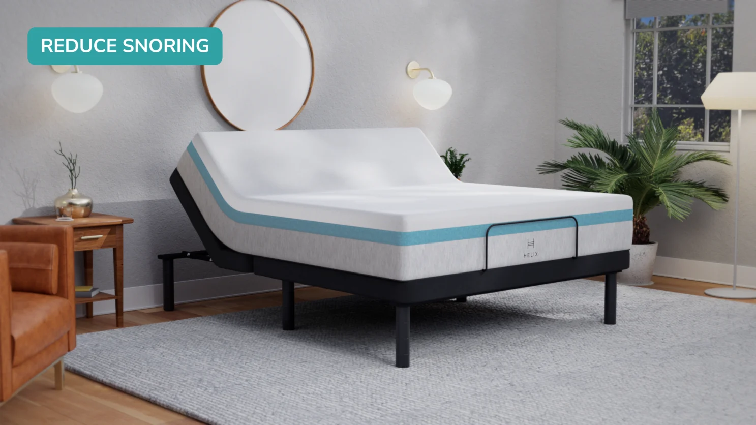 Adjustable bed frame for snore reduction in a stylish, serene bedroom.