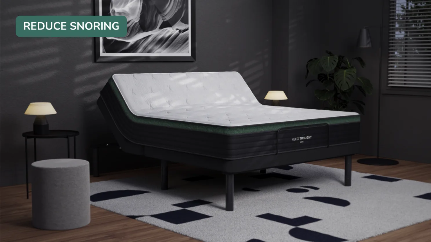 Adjustable bed in modern bedroom with cozy decor and snore-reducing features.