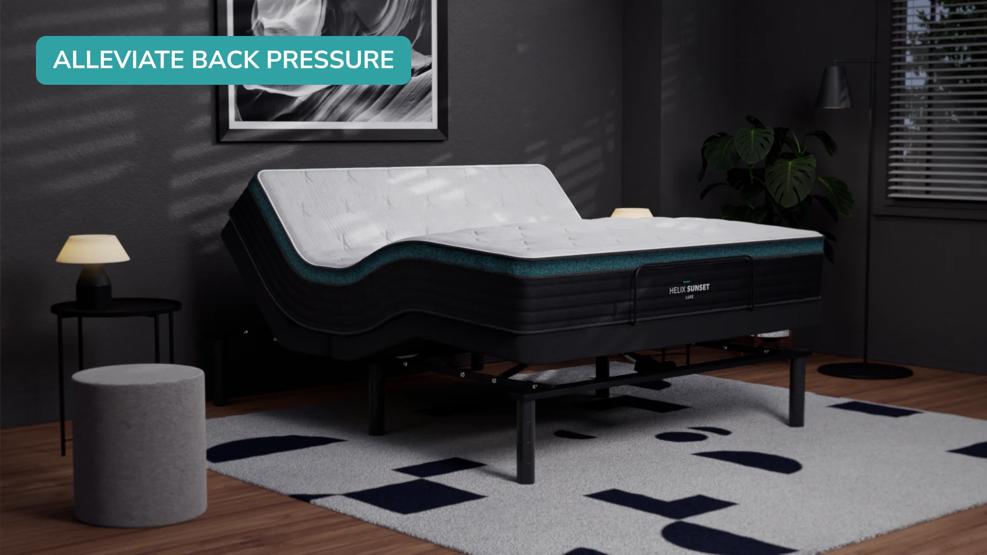 Modern adjustable bed in serene bedroom for back pain relief.