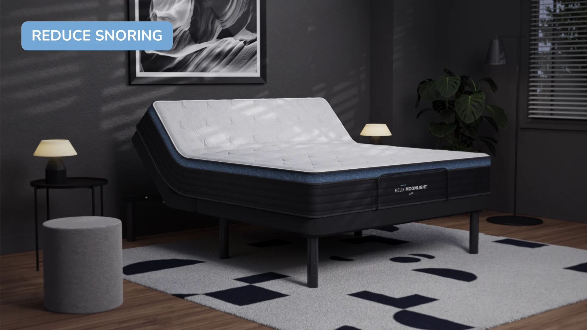 Contemporary adjustable bed room with snore-reducing features and minimalist design.