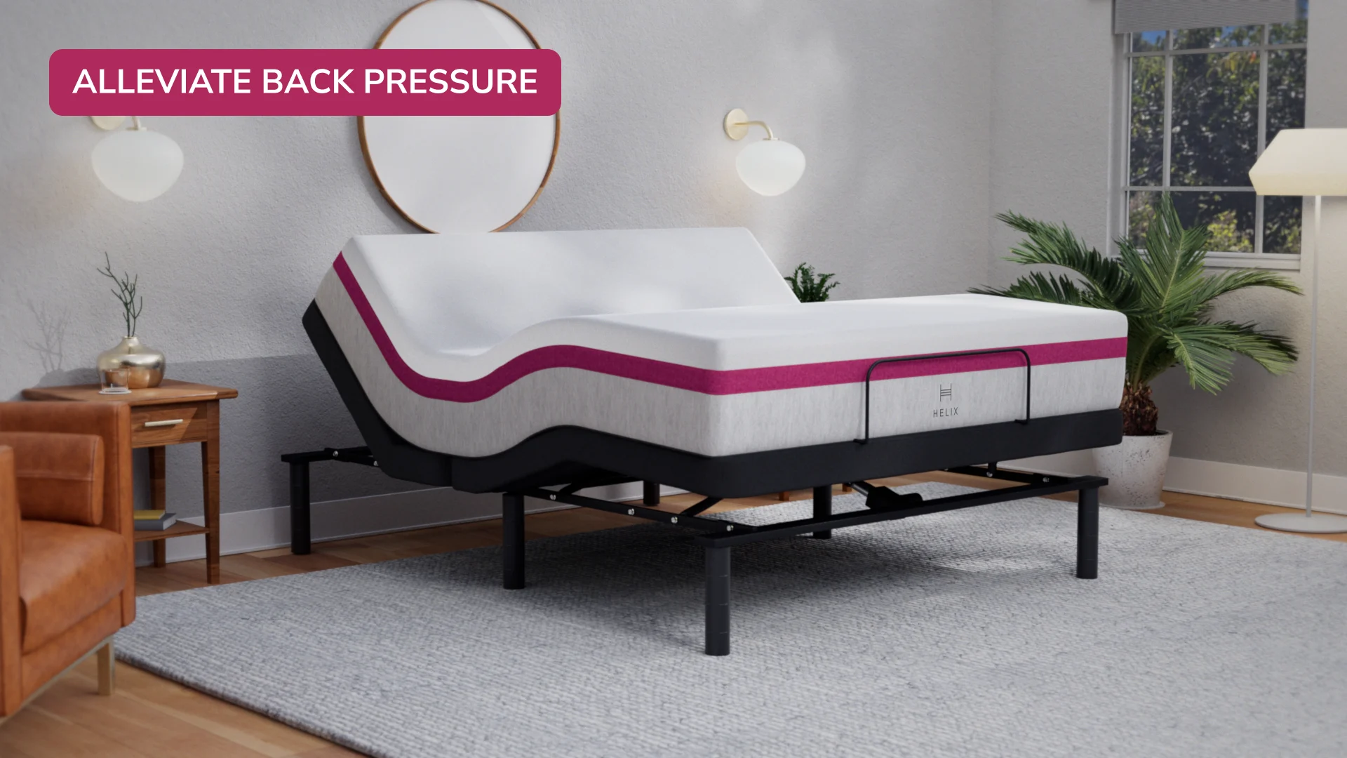 Modern adjustable bed with wave contour, pink stripe, and black frame in stylish room.