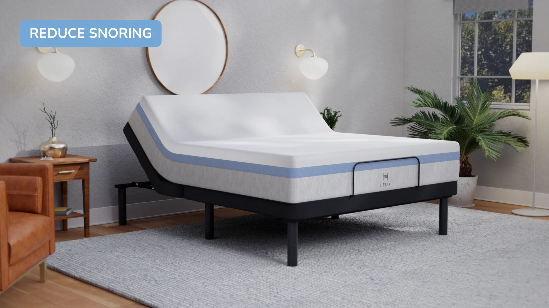 Modern adjustable bed with snoring reduction, storage drawer, and cozy bedroom accents.