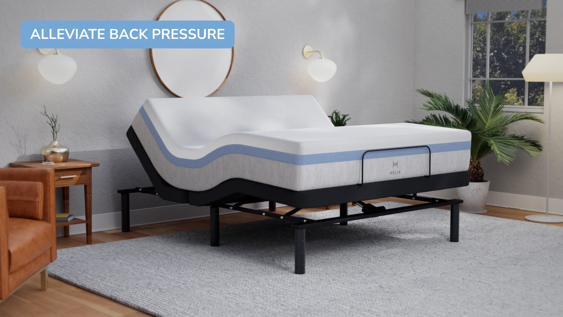 Modern ergonomic adjustable bed for back relief with sleek design and cozy bedroom decor.