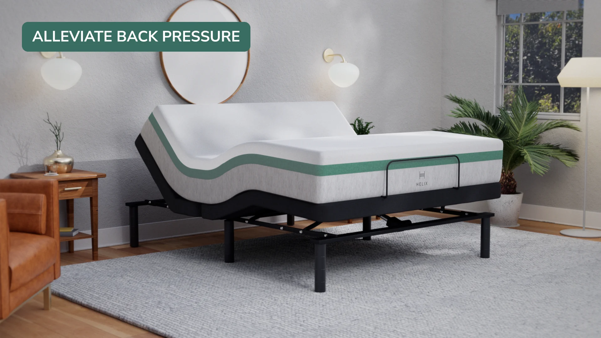 Modern adjustable bed in cozy bedroom – ideal for back pain relief.