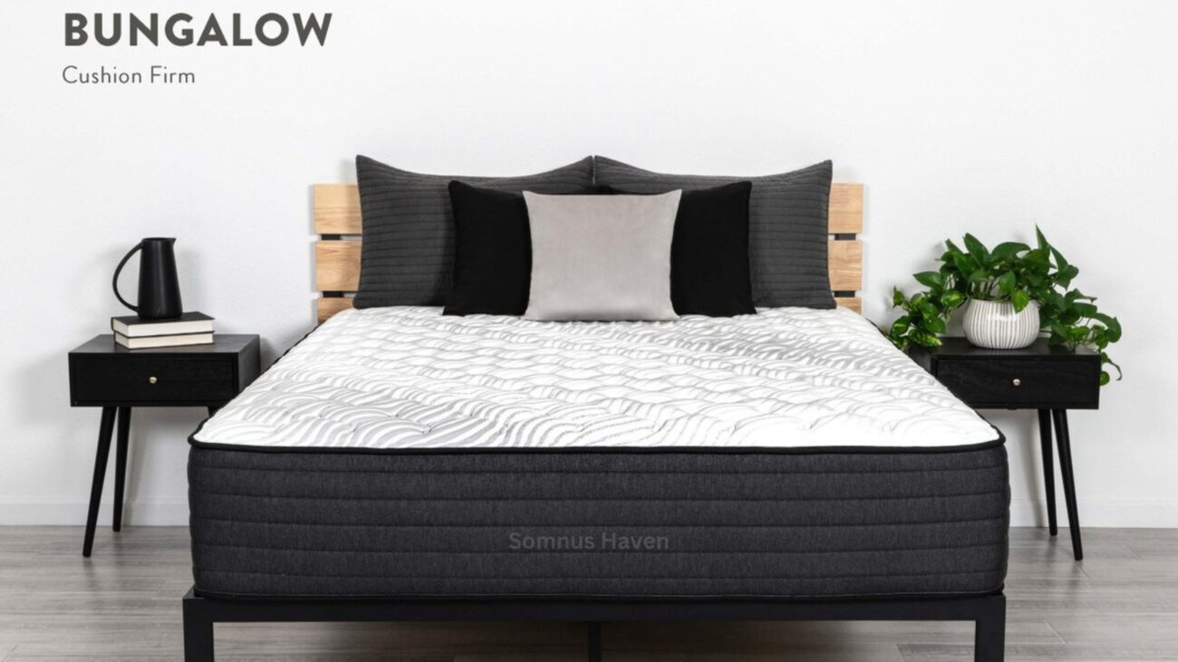 Modern bedroom with Bungalow mattress, minimalist wood frame, and stylish nightstands.