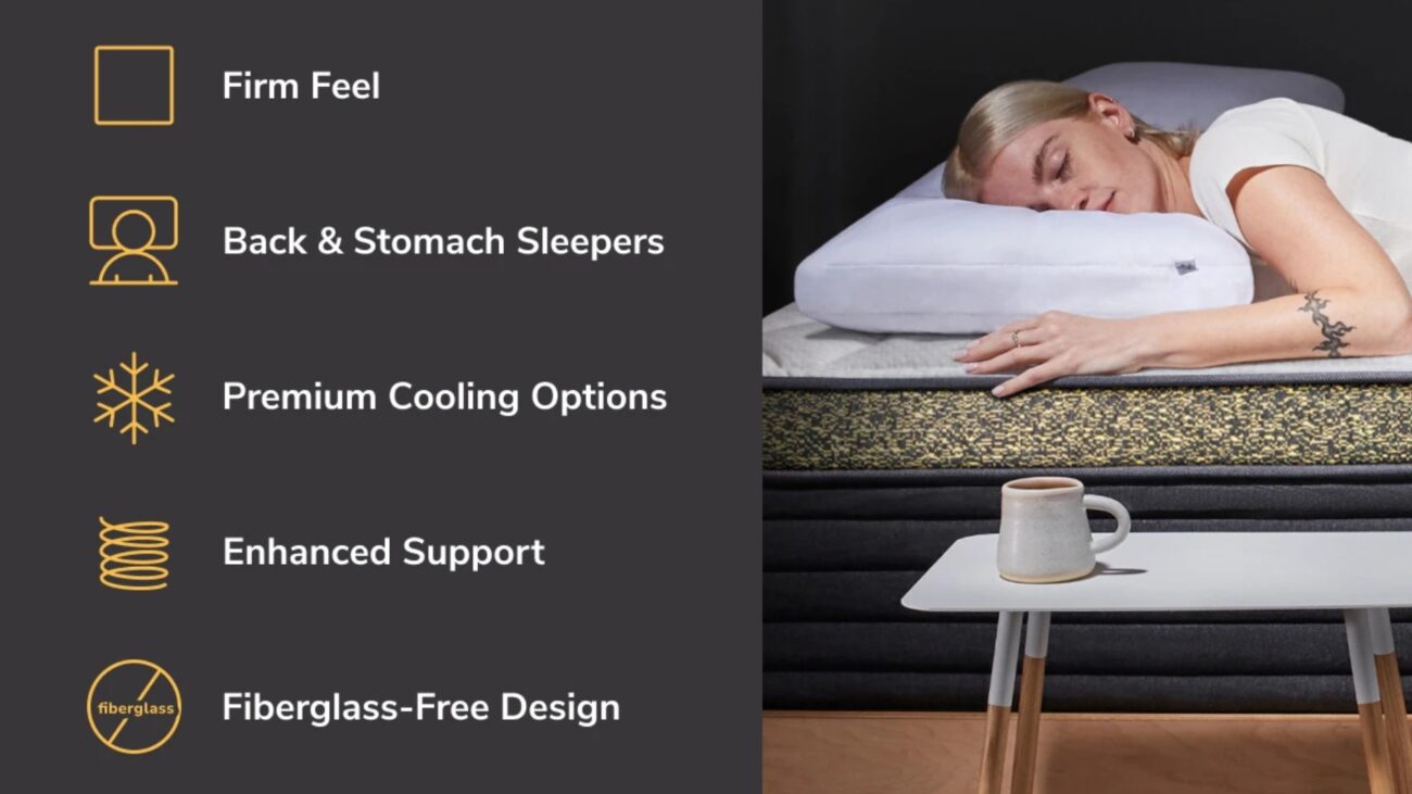 Woman sleeping on firm mattress with cooling, support, and fiberglass-free design for comfort.