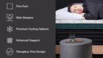 Woman sleeping on firm, cooling mattress; ideal for side sleepers, safe fiberglass-free design.
