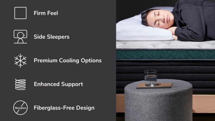 Woman sleeping on firm, cooling mattress; ideal for side sleepers, safe fiberglass-free design.