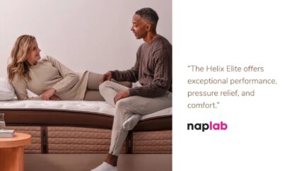 Cozy bedroom with couple enjoying Helix Elite mattress for comfort and style.