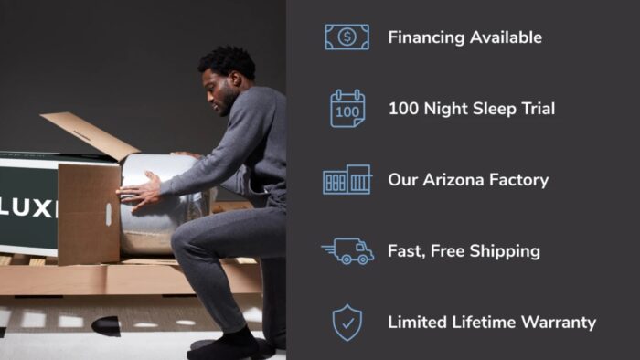 Man unboxes premium LUX sleep product with fast shipping and warranty emphasized.