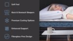 Woman sleeping on luxurious, cooling mattress with versatile support and fiberglass-free design.