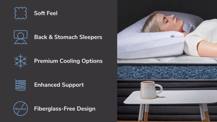 Woman sleeping on luxurious, cooling mattress with versatile support and fiberglass-free design.
