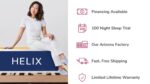 Young woman on Helix mattress highlighting sleep trial, financing, lifetime warranty, and local manufacturing.