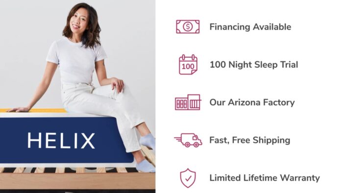 Young woman on Helix mattress highlighting sleep trial, financing, lifetime warranty, and local manufacturing.
