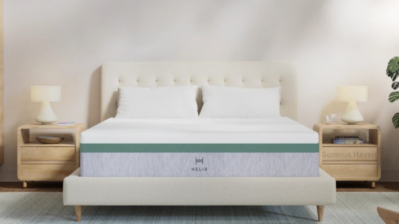 Modern bedroom with HELIX mattress, tufted headboard, and light wood nightstands.