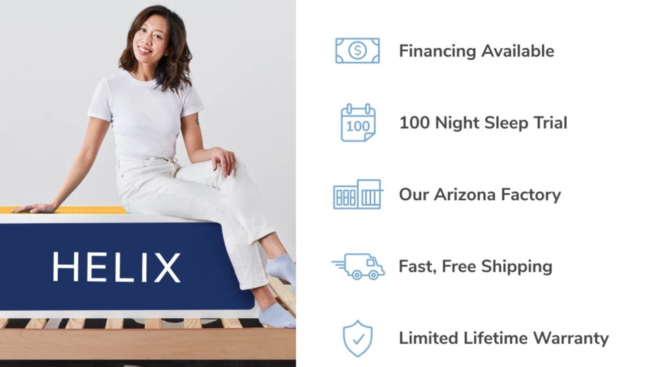 Woman enjoying comfort on Helix mattress; modern design, features, and brand assurance highlighted.