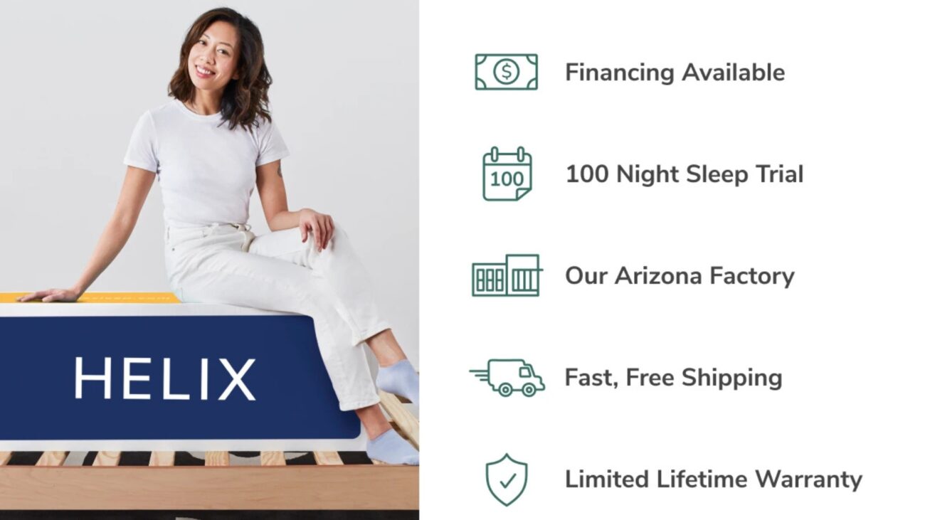 Helix mattress promo showcasing comfort, financing, trial, fast shipping, warranty; perfect sleep solution.