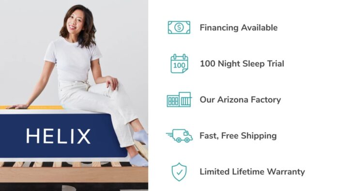 Woman on Helix mattress with sleep trial, financing, free shipping, Arizona-made quality.