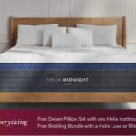 Helix Midnight mattress on wooden frame with discount offer and free Dream Pillow Set.