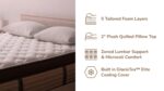 Plush mattress with cooling cover, foam layers, lumbar support, and pillows for comfort and alignment.