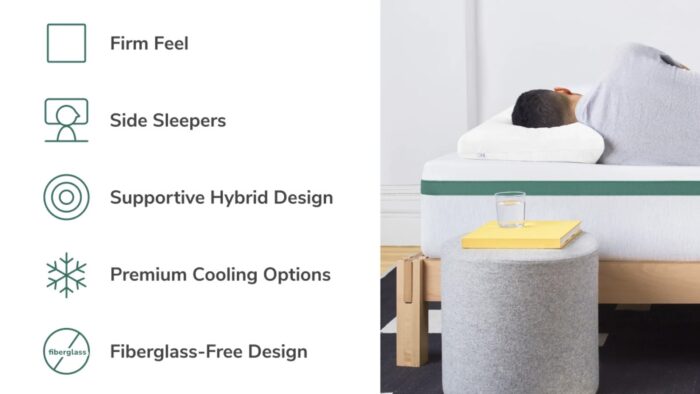 Hybrid mattress for side sleepers with cooling, firm feel, and fiberglass-free materials.