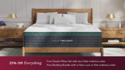 Helix Twilight Mattress Sale: 25% Off + Free Gifts. Luxurious comfort in a serene bedroom setting.