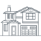 Stylized two-story house with peaked roof, chimney, symmetrical windows, and integrated modern garage.