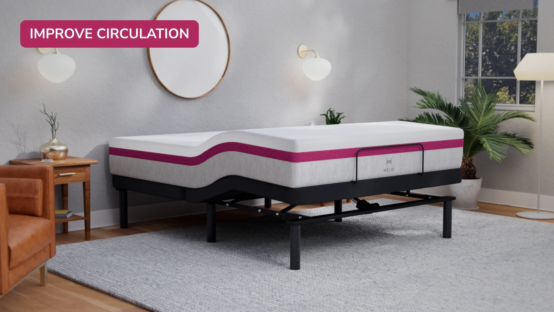 Modern adjustable bed for enhanced comfort, wellness, and improved blood circulation.