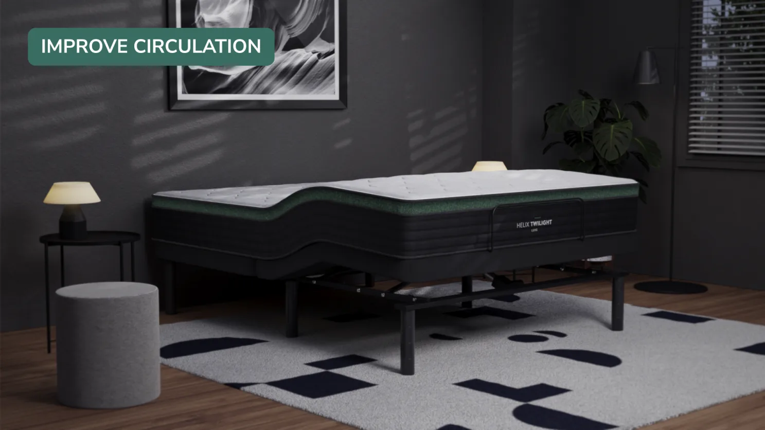 Modern ergonomic mattress with two-tone design for improved sleep quality and blood circulation.