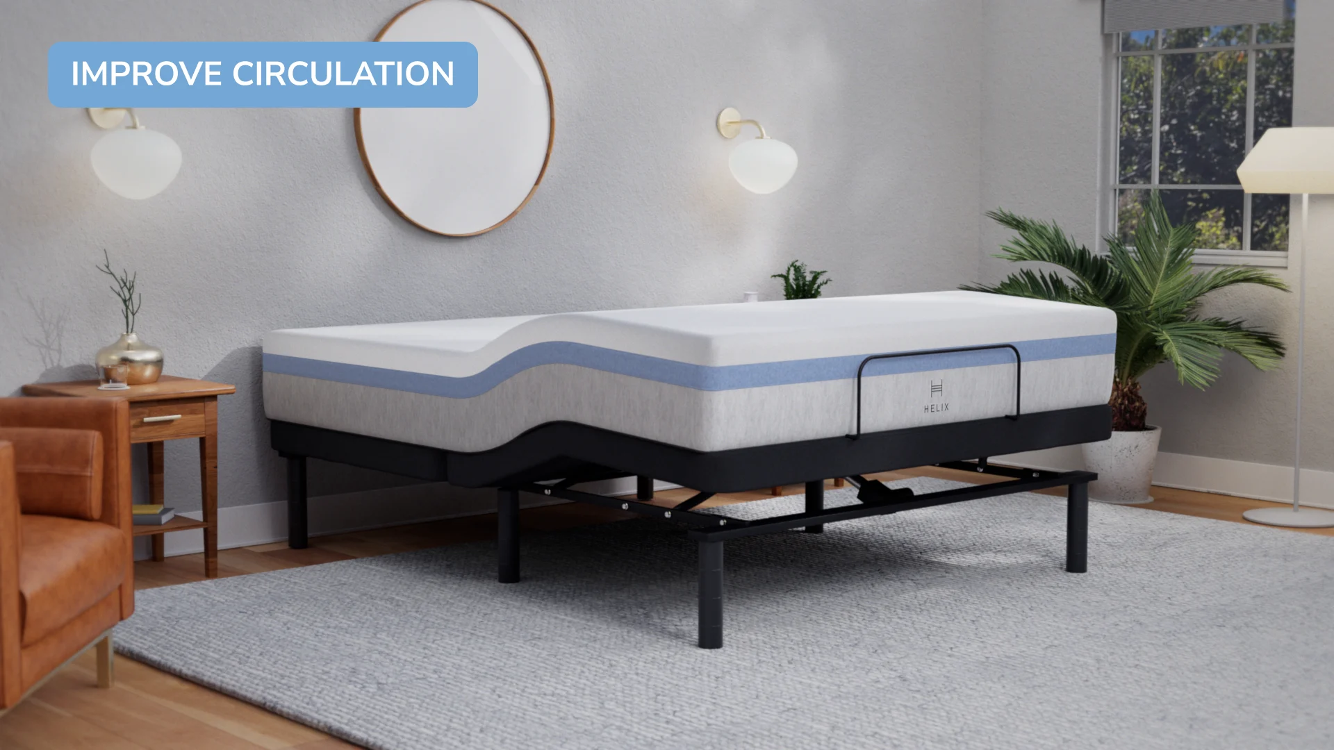 Modern bedroom with dual-tone mattress, serene ambiance, and circulation-boosting design elements.