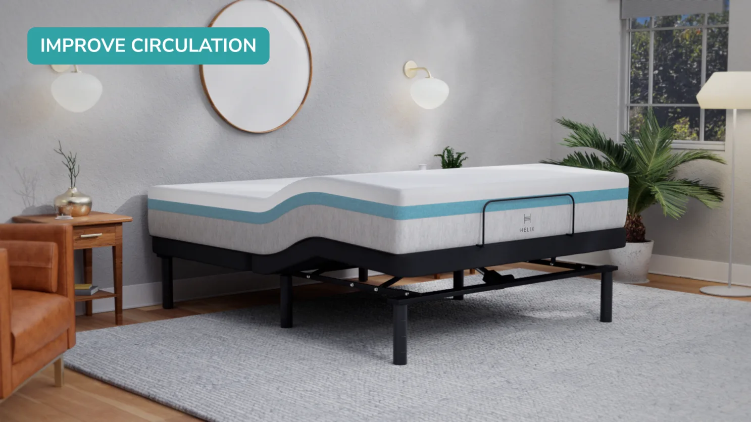 Innovative mattress with health benefits in a stylish, calming modern bedroom scene.