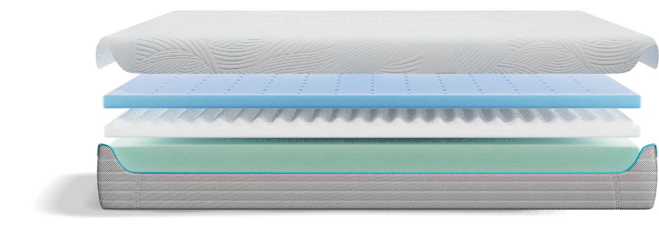 Cross-section of a mattress with breathable cover, contouring foam, airflow grooves, and firm base support.