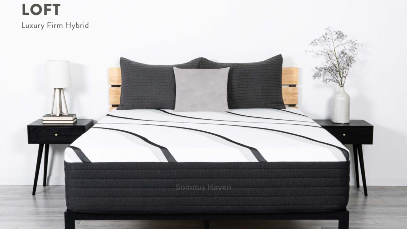 Modern bedroom with LOFT Hybrid bed, sleek design, cozy pillows, and minimalist decor.