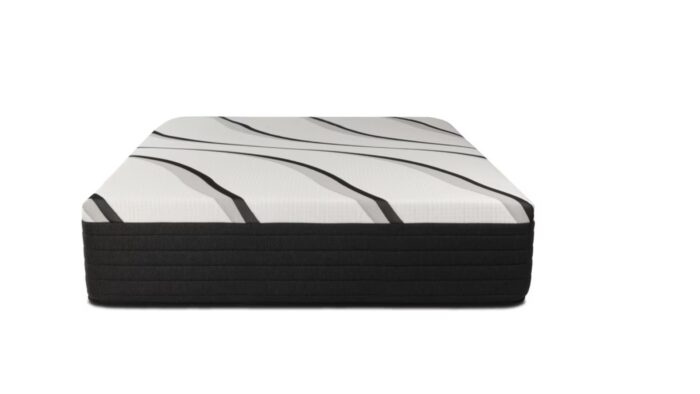 Modern mattress with white wavy top, black border, sleek design, comfort-focused, quality craftsmanship.