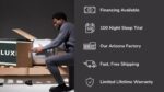 Man unboxes Luxi mattress; highlights financing, sleep trial, Arizona made, fast shipping, warranty.