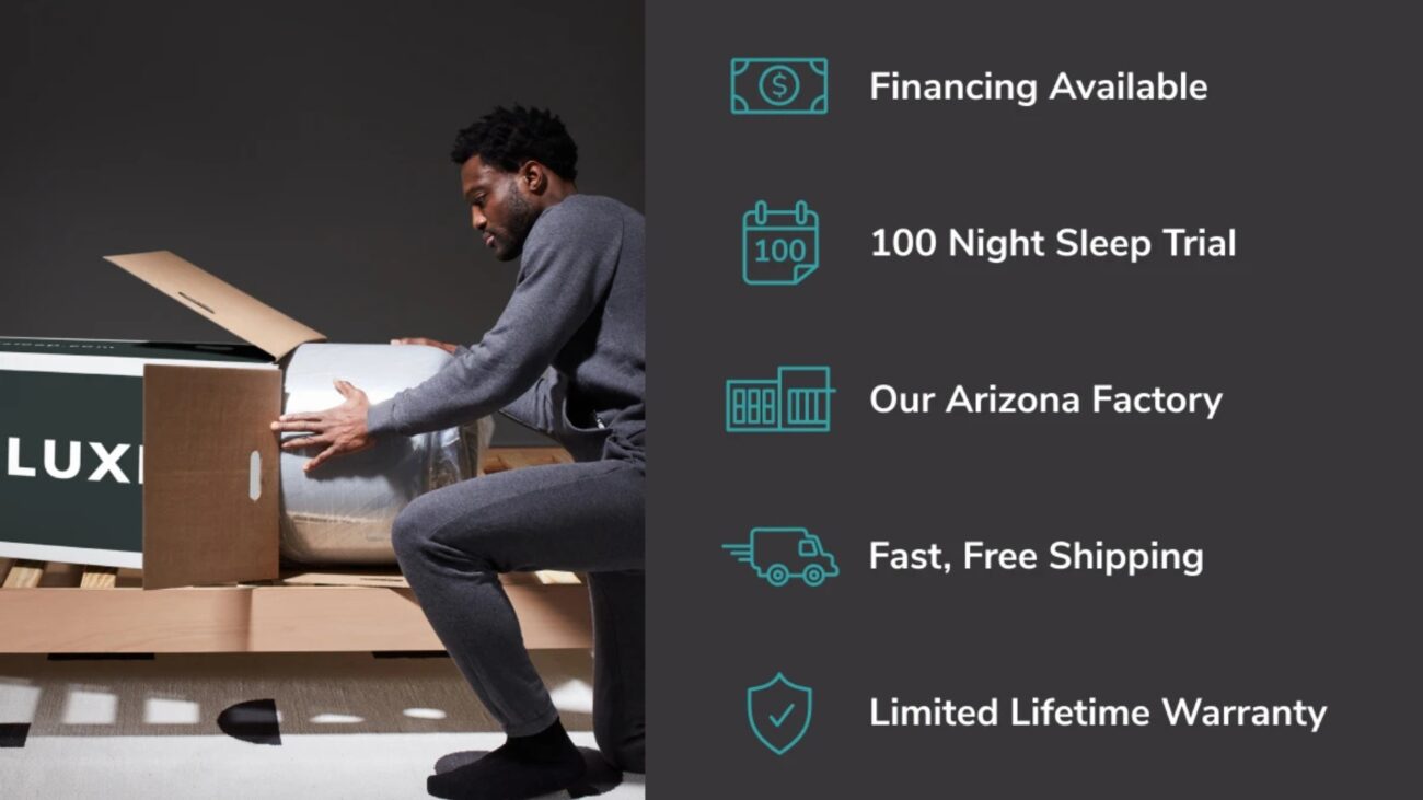 Man unpacks Luxi mattress, highlighting easy setup, financing, 100-night trial, and lifetime warranty.