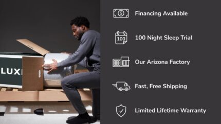 Man unboxes Luxi mattress; highlights financing, sleep trial, Arizona made, fast shipping, warranty.