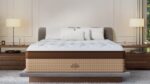 Luxurious bedroom with tufted mattress, gray headboard, modern bedside tables, and soft lighting.